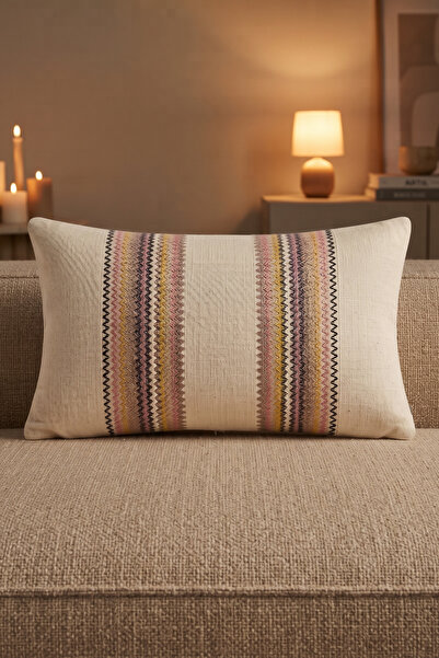 Örme Renkli Dantel Detaylı Pamuklu Modern Dekoratif Gizli Fermuarlı Kırlent Kılıfı 35x55 cm