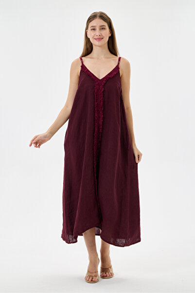 della moor Burgundy Italian 100% Linen Tassel Detailed Adjustable Shoulder St...