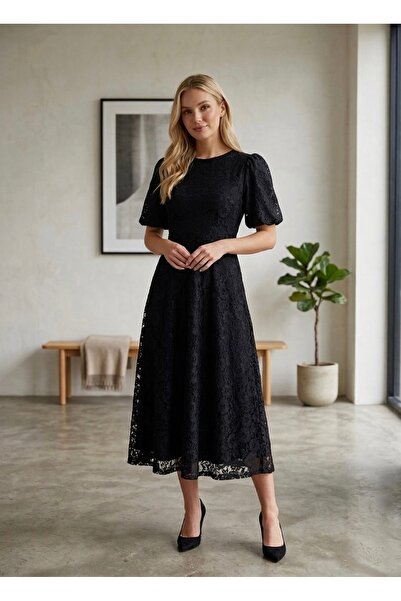 Bersi Butik Dantelli midi Trend Balon kol Elbise