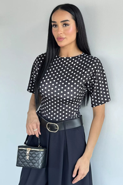 Aryena Black Women's Side Gathered Polka Dot Blouse