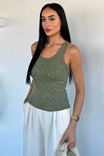 Aryena بلوزة كاكي مزينة بالأحجار من الأمام