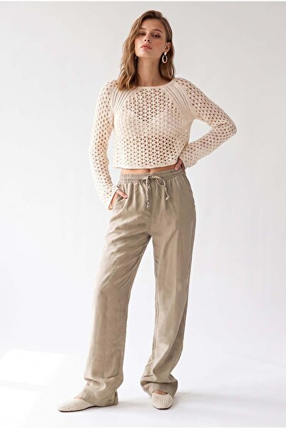 Mixray 4953 Women's Comfortable Cut Elastic Waist Palazzo Trousers Antique Mink