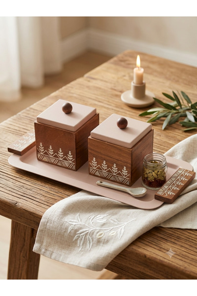 Binshihon Home 2-Piece Traditional Wooden Hospitality and Spice Organizer Set...