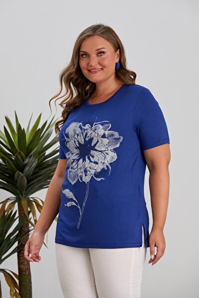 Hermevsim Wearon Women's Esra Short Sleeve Blue T-Shirt with Rose Print on th...