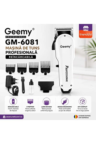 Geemy Професионална машинка за подстригване GM-6081, акумулаторна, 4 приставк...