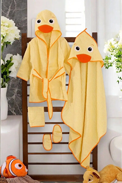 eco port 4 Piece Unisex Bathrobe Set with Duck Figure for 2-3 Years Old
