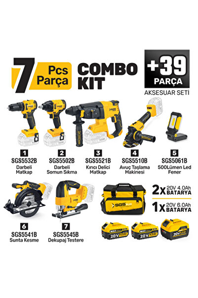SGS PLUS SGS5452 COMBO SET 7 PARÇA ŞARJLI MATKAP HİLTİ TAŞLAMA SOMUN SIKMA SU...