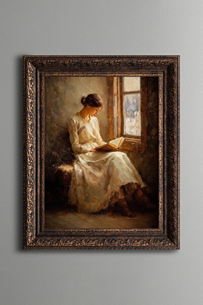 epiqart امرأة تقرأ كتابًا على النافذة - لوحة بنمط عتيق - نموذج سميك