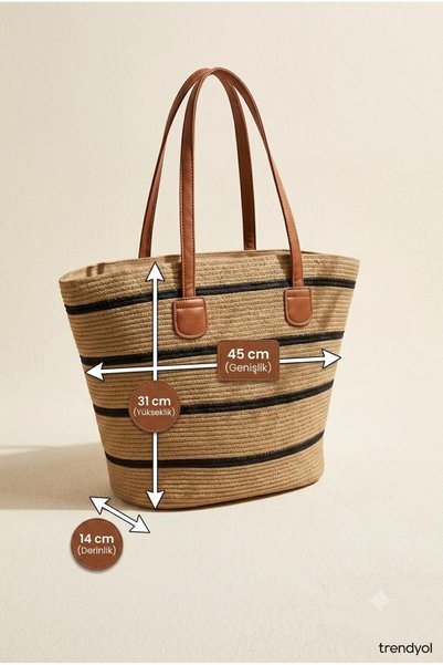ArdaEge Striped Camel Black Straw Bag