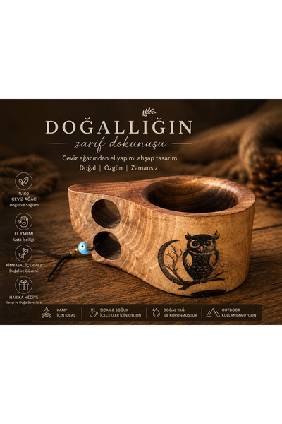 SultanofAura Baykuş Desenli El Yapımı Ceviz Ağacı Kuksa Bardak | Doğal Ahşap ...