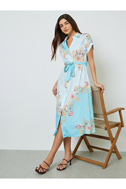 Take Two By Styli Blue Floral Print Short Sleeves Midi Shirt Dress