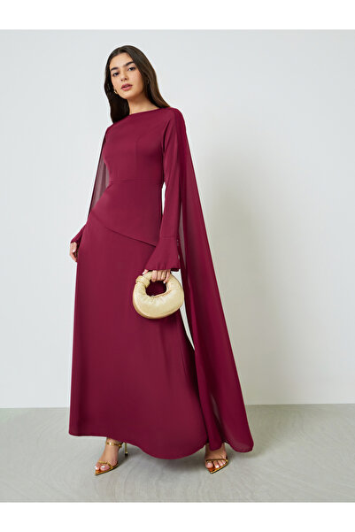 Take Two By Styli Burgundy Draped Round Neck Cape Maxi Dress