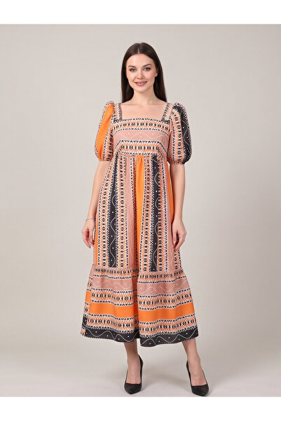 gökçesu Women's Patterned Square Neckline Dress with Gipeli Back and Crossed ...