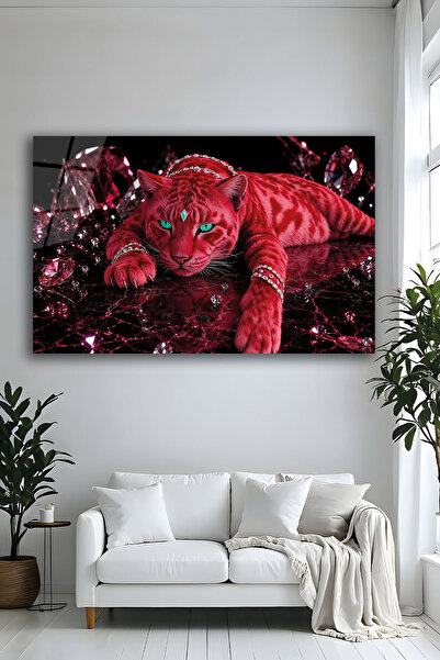 Parıltı Yayınları Pembe Elmaslı Leopar Yatay Modern Pırlanta Detaylı Cam Tablo
