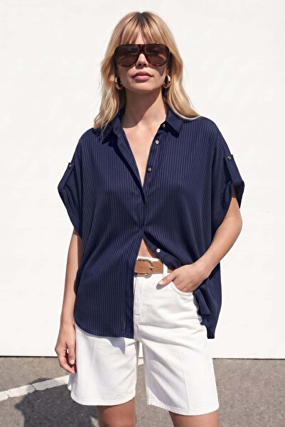 Sateen Striped Casual Short Sleeve Shirt - Navy Blue
