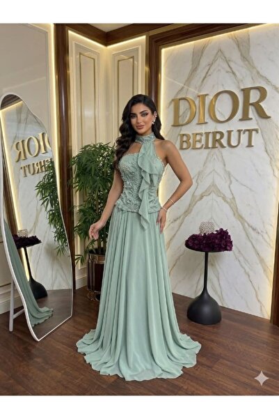 ranin Mint Green Halter Neck Evening Dress with Corset Bodice and Delicate Em...