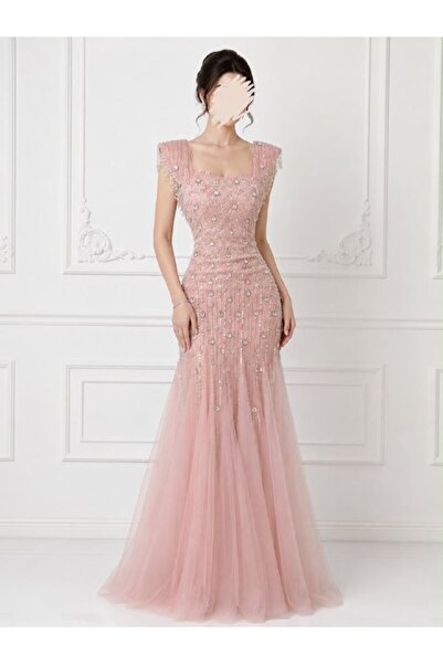 ranin Dusty Pink Evening Gown with Barbie Lining, Embroidered with Beads, Tul...