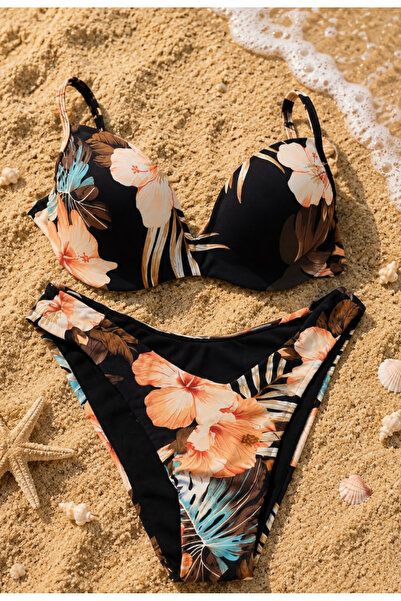 Nobrand Costum de baie damă 2 piese, negru cu imprimeu floral și slip cu tali...