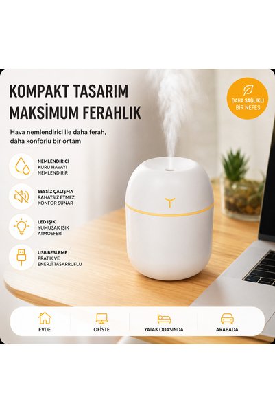 cabbaroğlu ticaret Araç İçi Mini Hava Nemlendirici Ultrasonik Buhar Makinesi USB Şarjlı Sessiz Çalışma