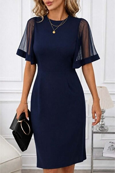 Aymood Women's Short Sleeve Crew Neck Midi Imported Crepe Dress