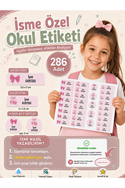 Sim Tasarım Okul Etiketi Pembe Kurdele Temalı Kalem Defter Etiketi Özel İsim ...