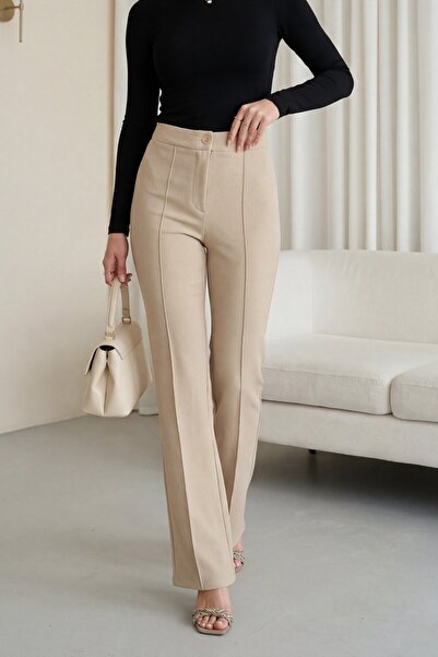 Modamorfo Buttoned Lycra Palazzo Trousers with Elastic Waist - Stone Color