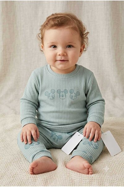 KADİM TEKSTİL Baby Unisex Ribbed Mickey Mouse Patterned 2-Piece Set - Mint Green