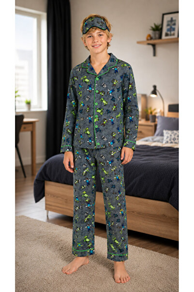 Enie Boy's Gray Character Patterned Long Sleeve Pajama Set + Eye Patch