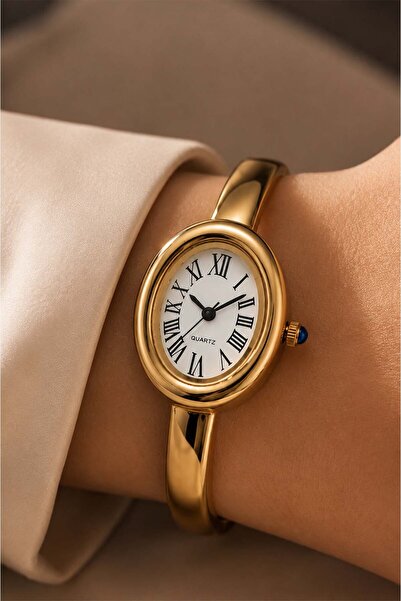 GANYMET Oval Gold Women's Wristwatch – Elegant Cuff Bracelet Watch with Roman...