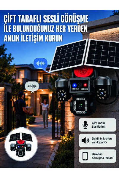 LED Projektörlü Sirenli Güneş Enerjili Akıllı Güvenlik Kamerası