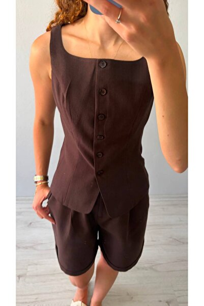 Niceboutique Strapped Buttoned Lined Square Collar Linen Vest