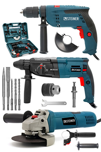 STEİNER Profesyonel Elektrikli 3'lü Set Matkap,Taşlama,Kırıcı Delici Hilti