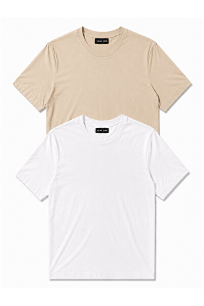 MİLANDORE Set of 2 Men's Beige-White Cotton Slim Fit Crew Neck Basic T-Shirts