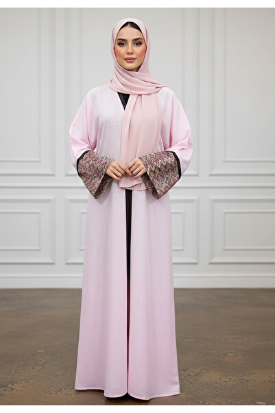 Nukhbaa Elegant Pastel Pink Abaya with Patterned Cuffs | Linan Fabric-878