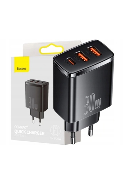 Baseus Încărcător Compact 2x USB+USB-C PD QC 30W 3A