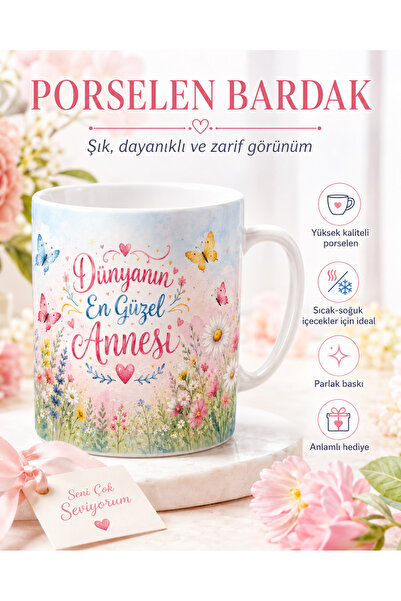 HiperAD Reklam Dünyanın En Güzel Annesi Yazılı Kupa Bardak 300 ML Porselen Çi...
