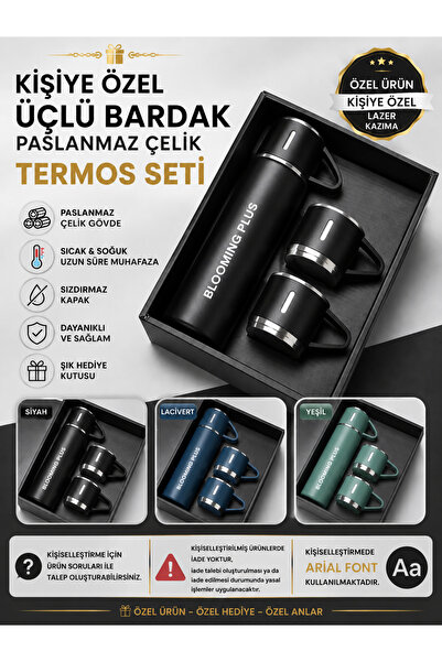 Blooming Plus Kişiye Özel Isimli Paslanmaz Çelik Termos 3 Bardaklı Termos Set...
