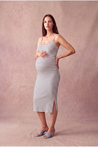 WESTMARK LONDON Maternity White/Navy Blue Striped Ribbed Cotton Strap Crew Ne...