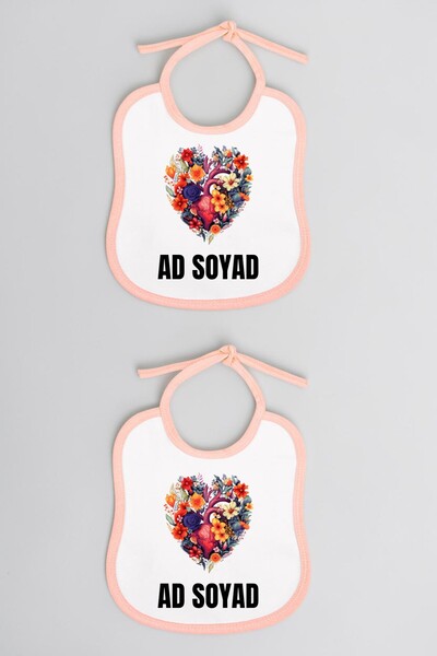 lili hediyelik Heart and Flower Printed 2-Piece Linen Pink Baby Bib - Drool B...