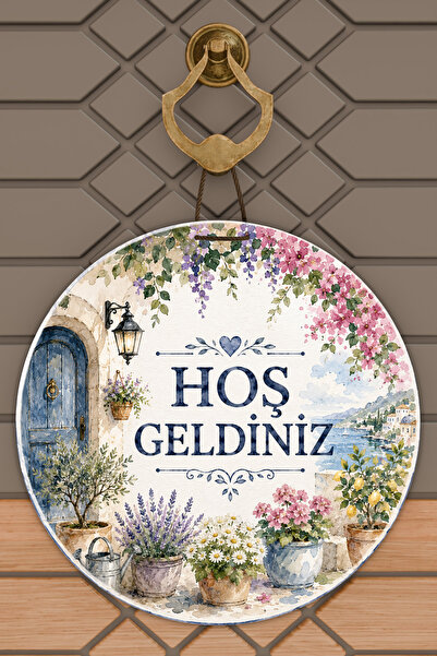 Dormot Home Welcome Written Mediterranean Watercolor Themed Round Door Orname...