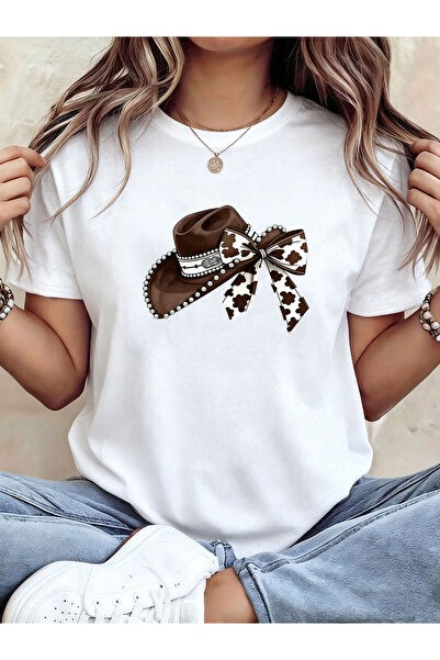 KYMC07 Cow Bow Cowboy Hat Western Country Graphic Print T-Shirt, Short Sleeve...