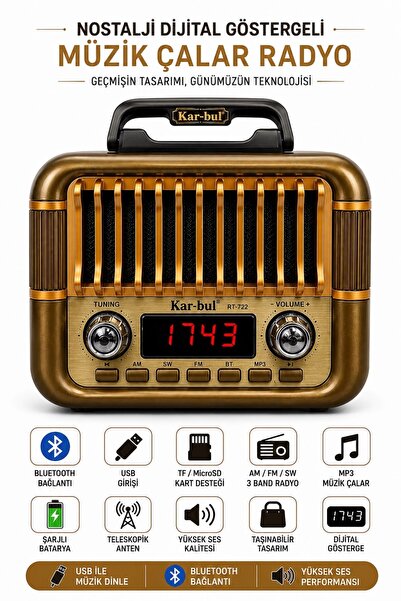 kar-bul Nostaljik Tasarımlı Dijital Ekranlı Yandan Fenerli Bluetooth Radyo Mü...