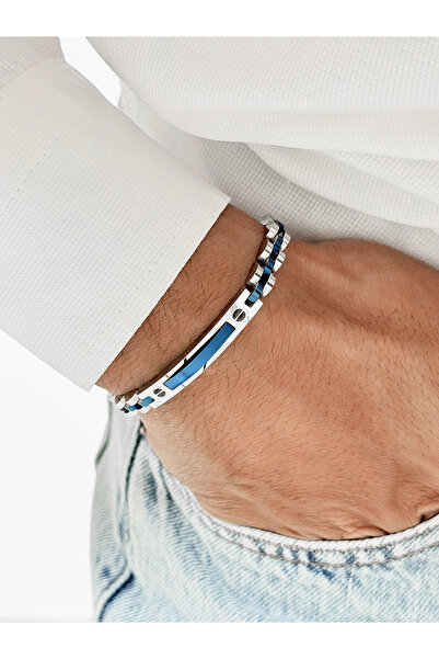 FERRO Navy Blue and Silver Steel Men's Bracelet Frj10195A-L 2 Year Warranty G...