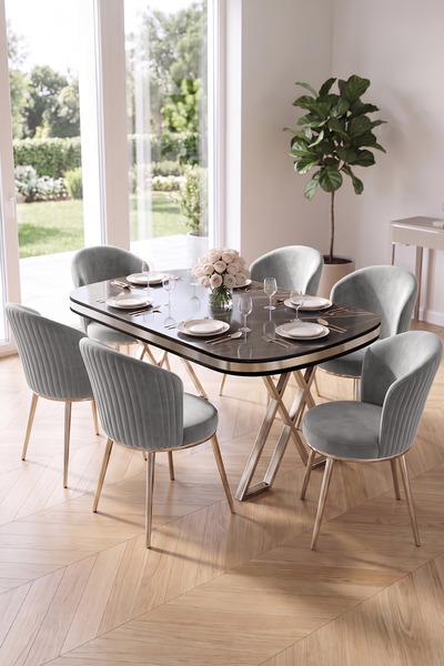 Canisa Nisare Serisi 90x168 Lak Panel Siyah Mermer Desen Masa Takımı Gold Aya...