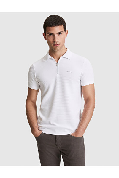 Pierre Cardin Ecru Slim Fit Zippered Polo Collar T-Shirt 50327860-Vr019