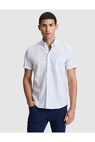 Pierre Cardin قميص أزرق بأكمام قصيرة وقصة عادية 50320899-VR036