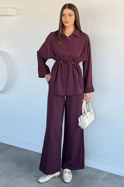 Aryena Burgundy Women's Elastic Waist Pants and Tie-Waist Shirt Double Set