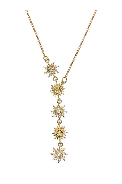 Duiwerlis Women's Sun Detailed Y Necklace with Zircon Stone and Steel Chain D...