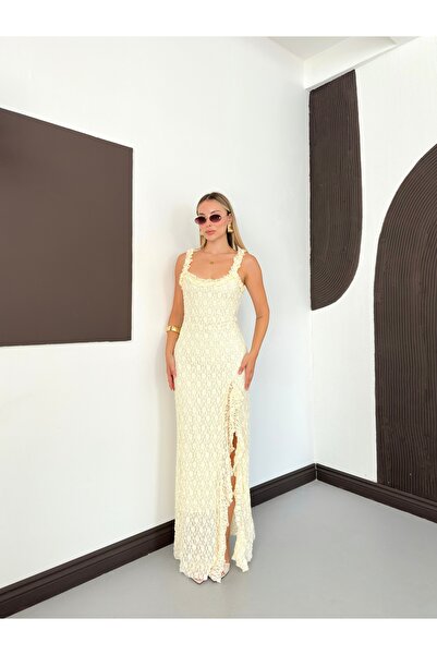 MODAMERSİ Women's Ecru Slit Detailed Lace Dress