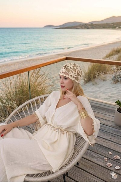 sahraozluk Floral Stone Detailed Crochet Beanie Beige